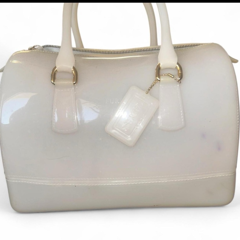 Furla Candy Bag Ivory Pearl White Jelly Rubber Satchel Gold Hardware Italy
